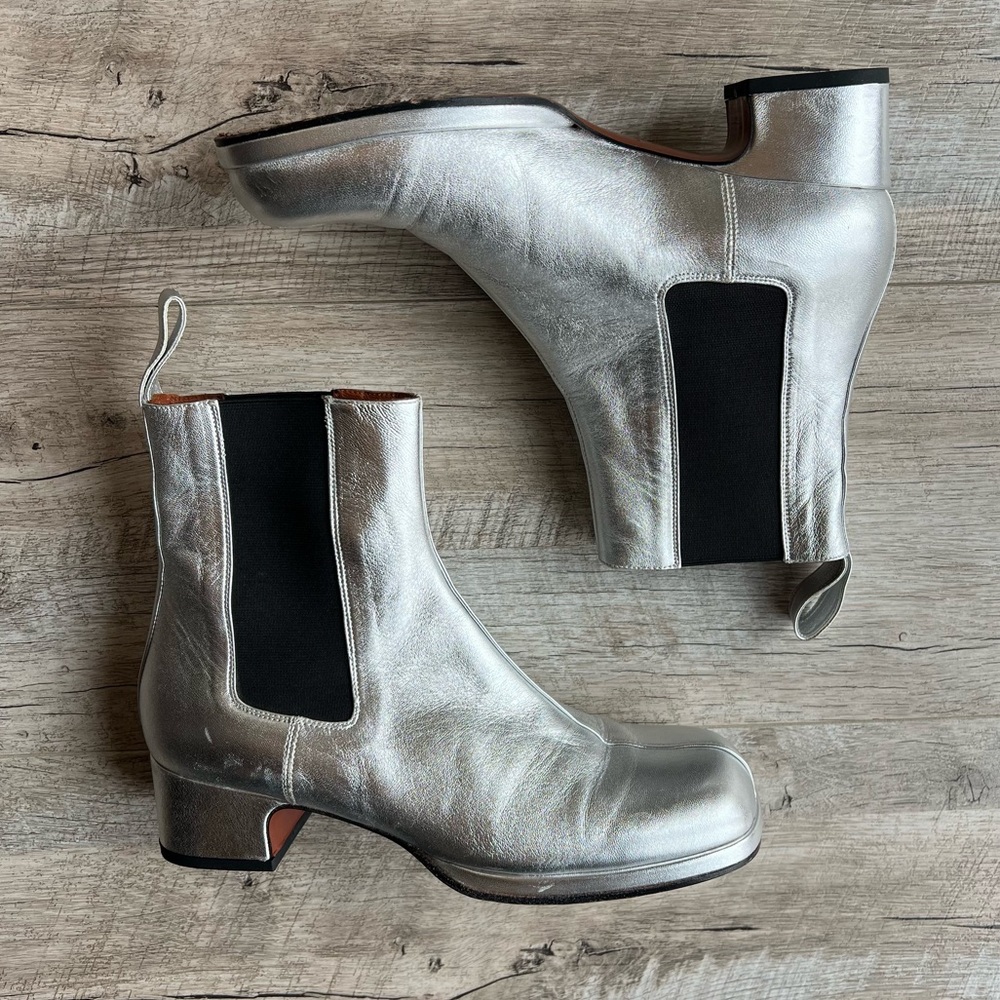 MANU Atelier Leather Metallic Silver Square Toed Chelsea Heeled Boots - Picture 8 of 13